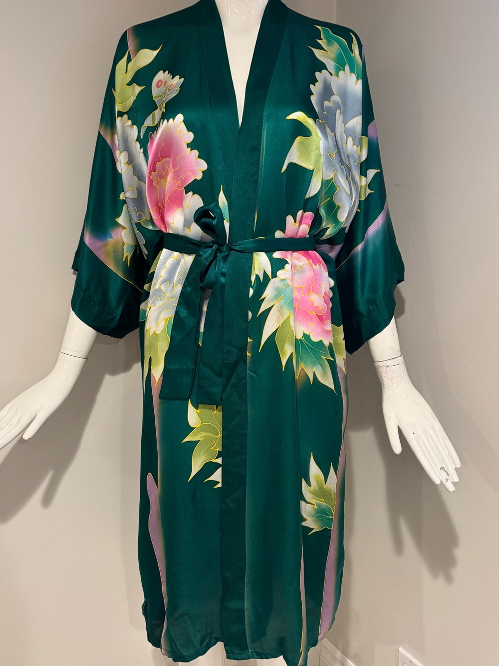Vintage 100% Silk Hand Painted Chinese Kimono Robe Green Floral